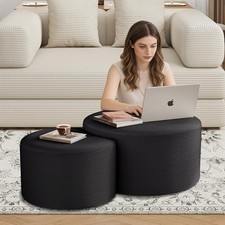 Nesting Coffee Table Set of 2, Upholstered Round Corduroy Circle Foam Round
