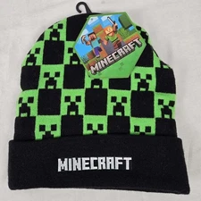 Minecraft Creeper Check Beanie Hat Black Green Gamer One Size Fits Most