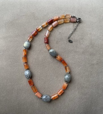 ORANGE LACE AGATE & LABRADORITE NUGGET & Tube Beads Unisex Necklace 18.5 
