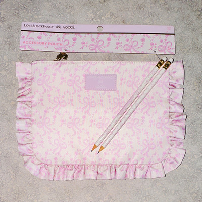 LoveShackFancy x Yoobi Pink/White Bow Print Ruffle Zipper  Pouch and 2 pencils