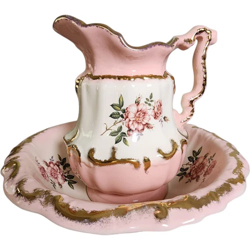 Vintage Pink Floral Wash Basin & Pitcher Set with Gold Trim Victorian Style Cera