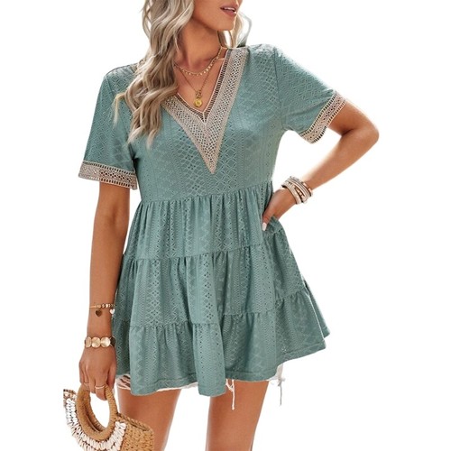 Women Babydoll Blouses V-Neck Tunic Tops Summer Casual Loose Ruffle Sleeve Tops - Picture 17 of 24