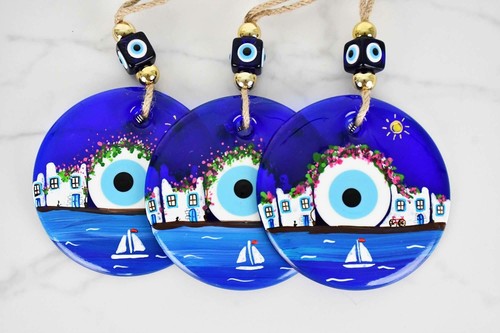 Evil Eye Santorini Themed Hand Painted Large Glass Wall Hanging - Bild 6 von 7