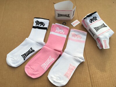 6er-Pack Lonsdale Damen-Crew-Socken Größe: UK 4-8 neu weiß & rosa Fitnessstudio leicht