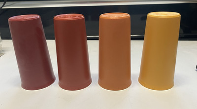 (4) 1970s Tupperware 9oz Tumblers Cups #116 Harvest - Orange Red Yellow Brown