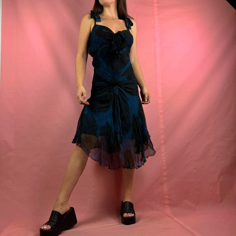 Vestido midi vintage Bebe Y2K talla pequeña negro azul hada asimétrico Foto 2 de 4