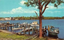 PORT SALERNO, Florida FL ~BOATS & DOCKS From PARK DRIVE  Vintage Chrome Postcard