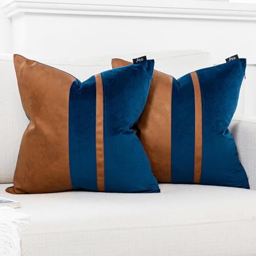 Set of 2 Dark Blue and 18" x 18" (Pack of 2) Brown Leather & Dark Blue Velvet - Foto 1 di 7