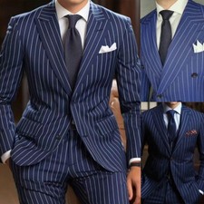 Men's Formal Business Wear Suit Blue Striped Single Breasted Peak Lapel Wedding