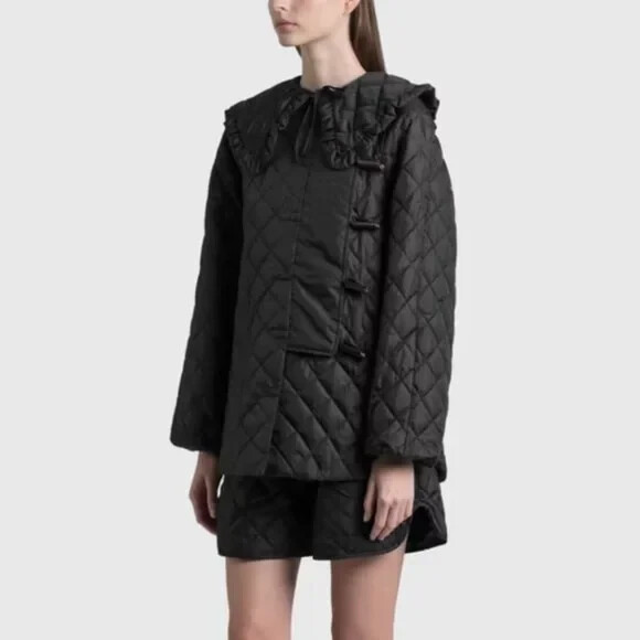 Ganni Black Ripstop Quilted Ruffle Trim Recycled Polyester Coat