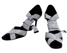 Bertie Heels Shoes Ribbon Tie Up Black Leather Grey Square Toe UK 4.5 Retro