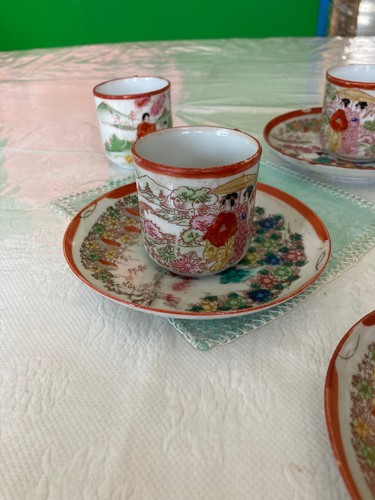 Satsuma Set 6 Tassen & 4 Teller Porzellan Vintage Japanische Geisha - Bild 7 von 9