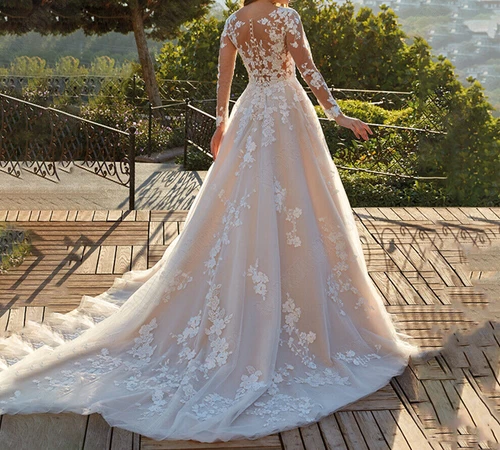 Plus Size A-Line Wedding Dresses V-Neck Long Sleeves Lace Appliques Bridal Gowns - Picture 4 of 8
