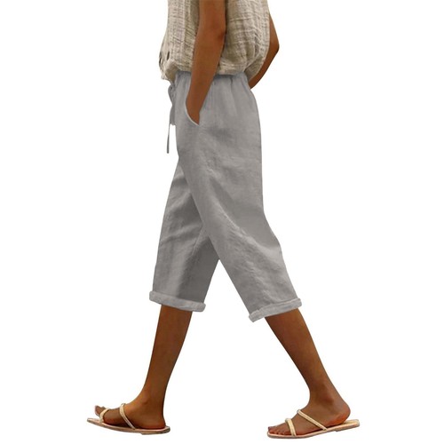 Women's Fashion Casual Loose Solid Colour Cotton Linen Drawstring 7/10 Pants - Picture 47 of 72