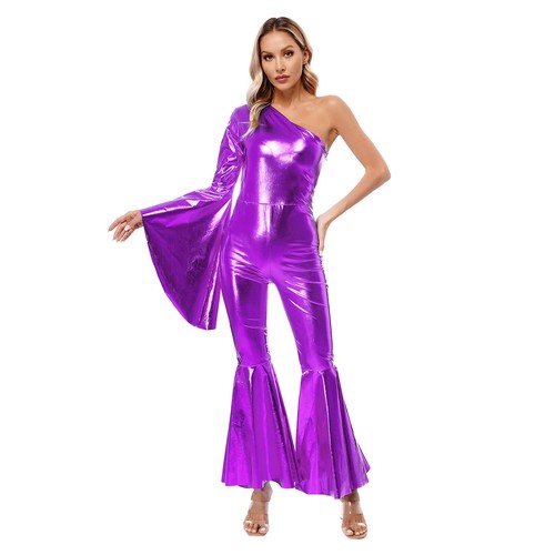 Women Girl Catsuit Bell-Bottom Jumpsuit Bodysuit Shiny Party Dancewear Romper - Picture 25 of 69