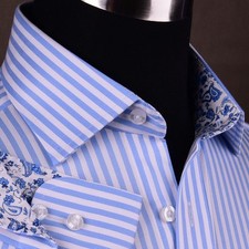 Mens Blue Formal  Business Dress Shirt Herringbone Twill Striped Floral Paisley