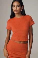 By Anthropologie Cozy Baby Tee New Sz XXS Fuzzy Knit Sweater Cropped Red Salmon