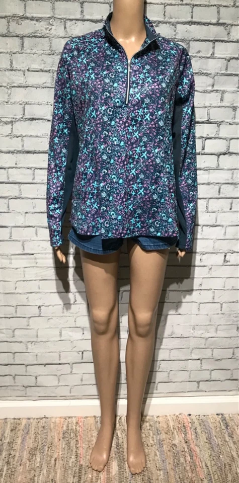 Pullover Pebble Beach, L, Azul/Púrpura Estampado Floral 1/4 Cremallera, Deportes Golf Manga Larga Foto 3 de 4