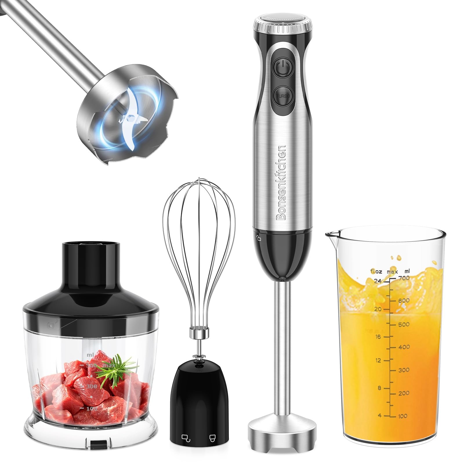 Minipimer Professionale 1000W Acciaio Inox - Set 4 in 1 Completo
