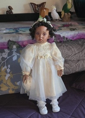 Curly Dark Brown-Haired Baby Doll in Cream Dress with Shoes, Purse,  Headband | eBay
