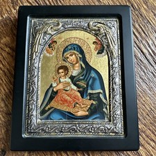 OLD BYZANTINE ICON ON CANVAS AND CLAD 950 STERLING SILVER and 24K GOLD PLATED
