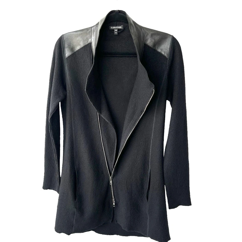 EILEEN FISHER Black Merino Wool Leather Asymmetrical Zip Jacket Coat Size XS - Image 3 of 4