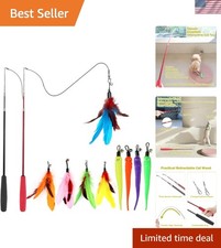 Deluxe Cat Wand Toy Set: 2PCS Extending Wands  9PCS Feather  Worm Attachments