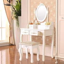 4 Drawers Makeup Table Vanity Set with Mirror & Stool Bedroom Dressing Dresser