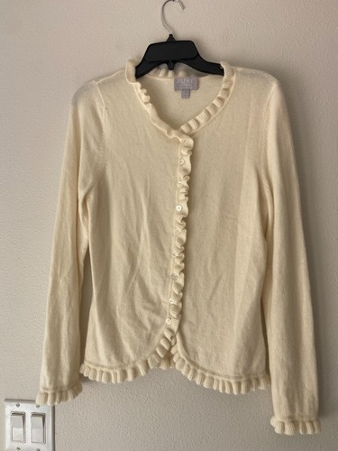 Pure Collection Cashmere Cardigan Women’s Ruffle Trim Greige Pearl Buttons 8/10