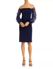 Eliza J Navy Blue Dress with Floral Detailed Sleeves - Size 8 