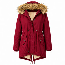 Women's Red Winter Parka Coat Faux Fur Hood Fleece Lined Fishtail Jacket Size S