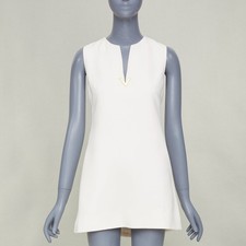 VALENTINO 2023 ivory wool silk crepe VGOLD logo metal plate neck dress IT38 XS