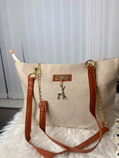 Womens Beige Canvas Shoulder Bag Brown Faux Leather Strap Chain Charm Zip Gold