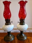 vintage kerosene oil lamps, mini lamp pair milk glass w/ ruby stain chimney shad