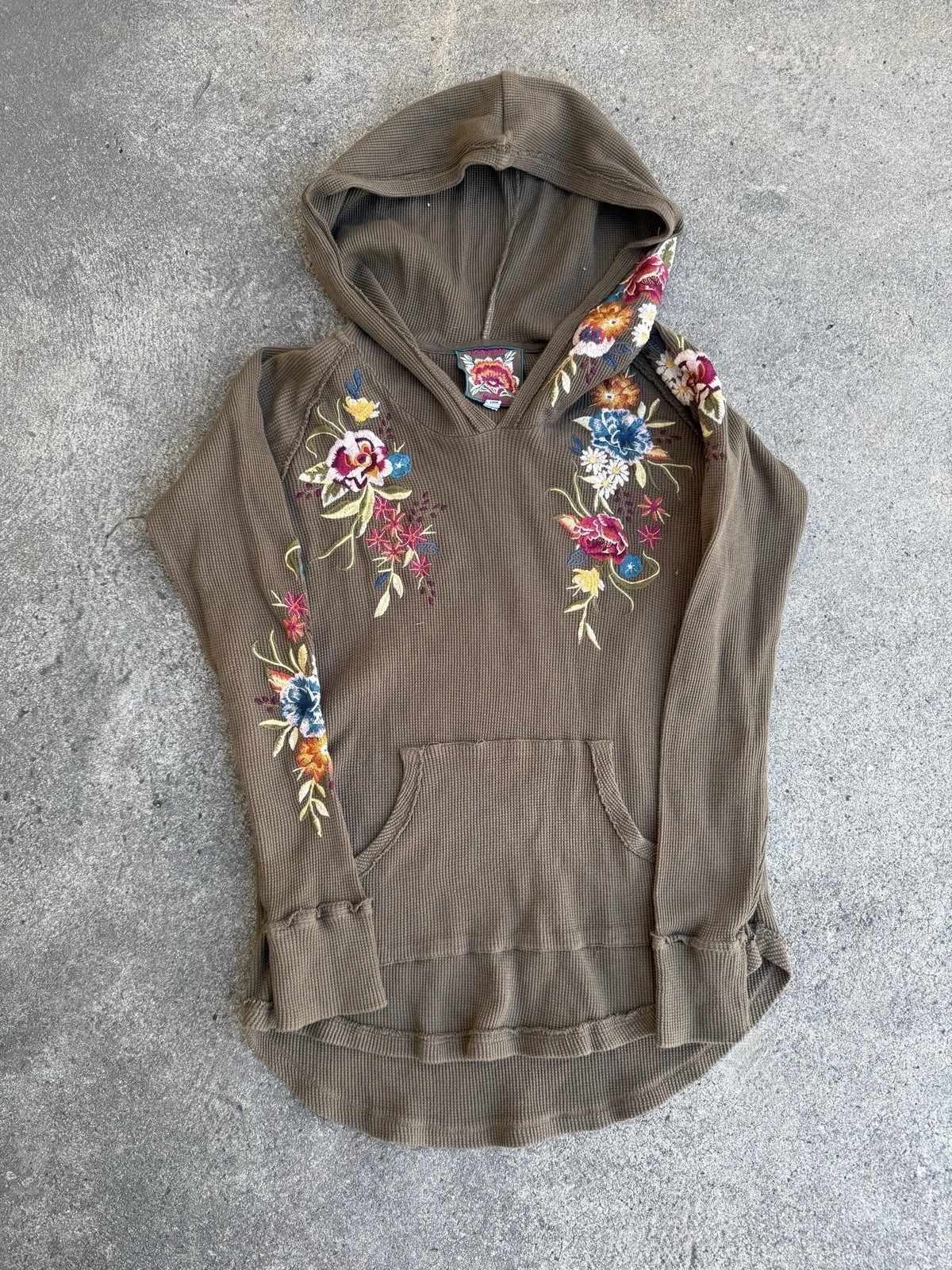Johnny Was Thermal Hoodie XS Olive Floral Embroidered Boho Waffle Knit Top