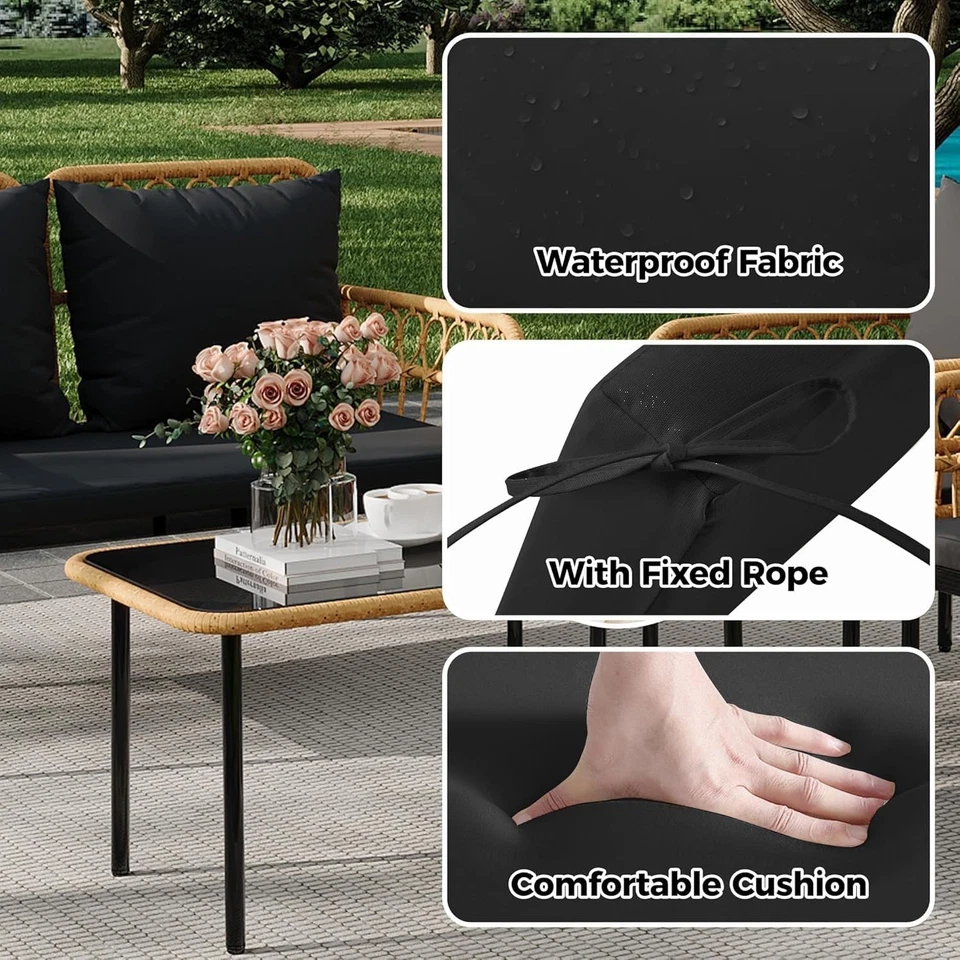 Juego de muebles de patio de exterior de 4 piezas, juego de mesa y silla de mimbre juego de conversación Foto 4 de 4