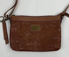 Frye and Co. Cognac Brown Tooling Crossbody Bag 7.5"H x 9.25"W x 2"D