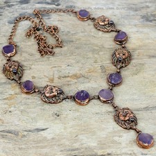 Copper African Amethyst Rough Stone Chain Electroformed And Lion Face Necklace