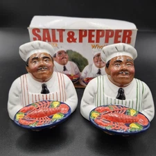 "What's Cooking" Clay Art Salt & Pepper Shakers, Chef Holding Lobster Dish NIB