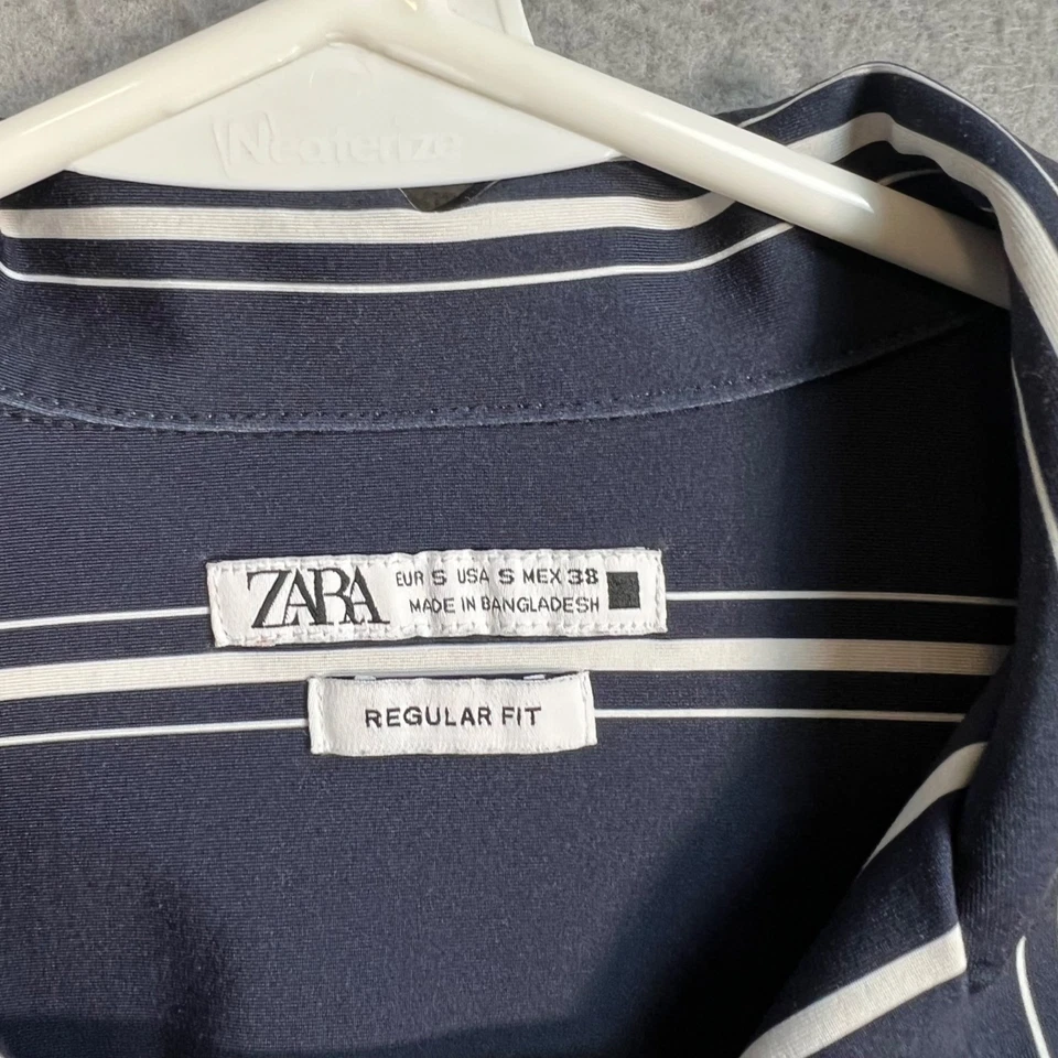 Zara Navy Blue Striped Short Sleeve Shirt Mens Size Small Regular Fit - Image 3 of 4