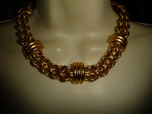 HEAVY GOLD TONE 2 ROWS LINK CHAIN W BARS COLLAR STATEMENTL NECKLACE #17/14 - Picture 2 of 9