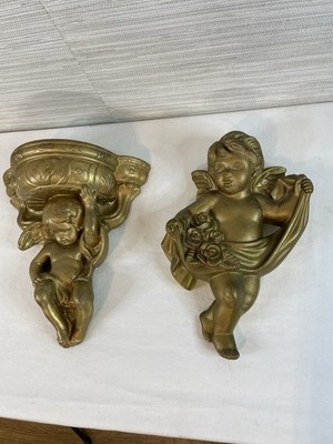 Cherub angels lot 2 wall hanging gold gilt chalk ware wall pocket