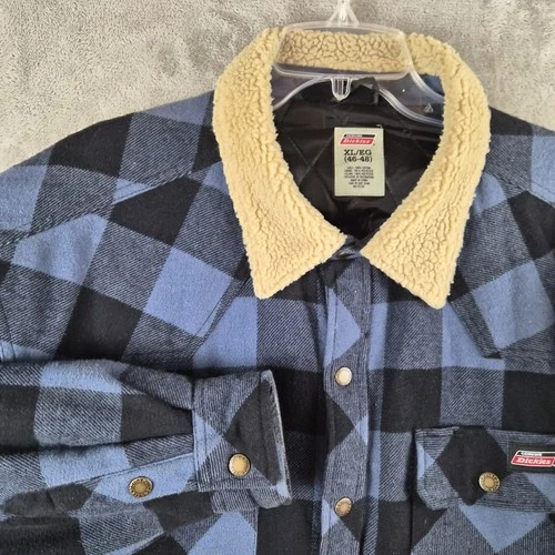 Dickies Buffalo Plaid Shacket XL Blue Sherpa Collar Snap Jacket Quilted Lining - product listing photo