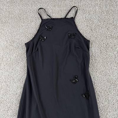 Vintage Y2K City Triangles Dress Womens 7 Black Butterfly Sequin Slip Long