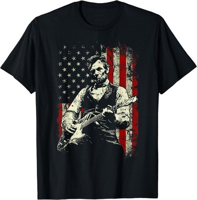 Abraham Lincoln Playing Guitar Rock and Roll American Flag T-Shirt
