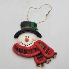 Snowman Christmas Ornament 4"W Red Plaid Scarf Top Hat