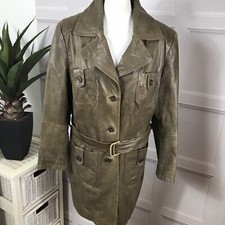 Heine Leather Jacket Trench Coat Chest Size 34in Belted In Olive Green Lined