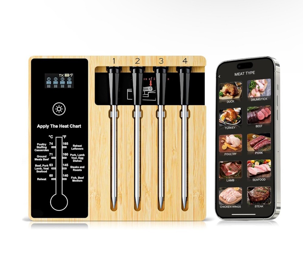 Smart Wireless Meat Thermometer with 4 Probes - Grill Monitoring via App  