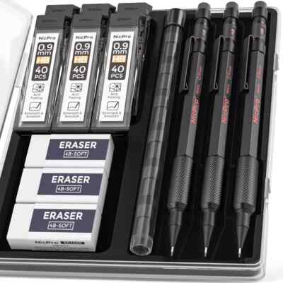 Nicpro 0.9 Metal Mechanical Pencil Set with Case, 3PCS Hevey Duty MP2000 Lead Pe