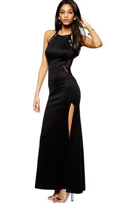 O-Neck Solid Lace Patchwork Splicing Maxi Evening Dress Black | eBay